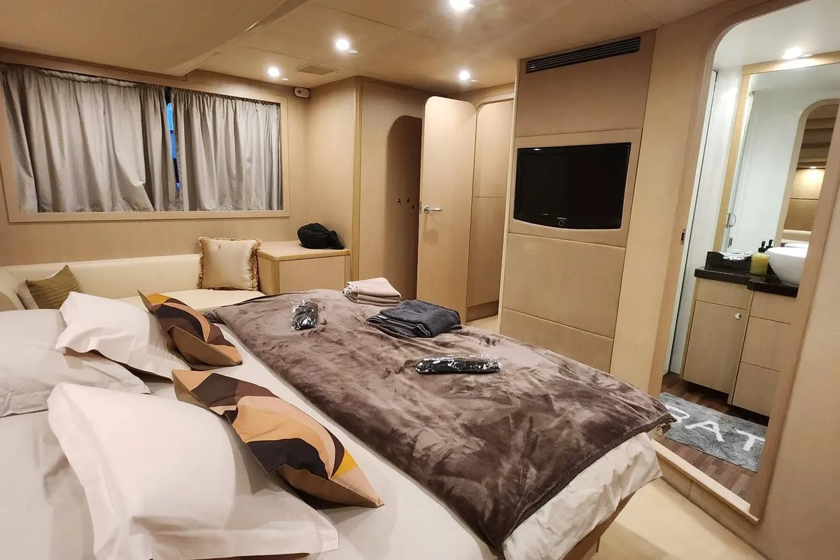 Cabin on Sassy, a Princess 62 motor yacht at Lavreotiki, Greece