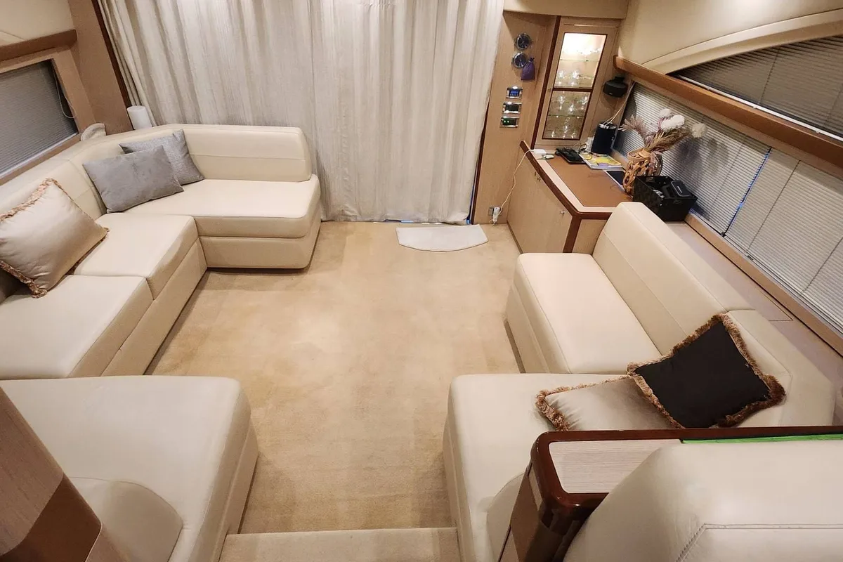 Salon of Sassy, a Princess 62 motor yacht at Lavreotiki, Greece