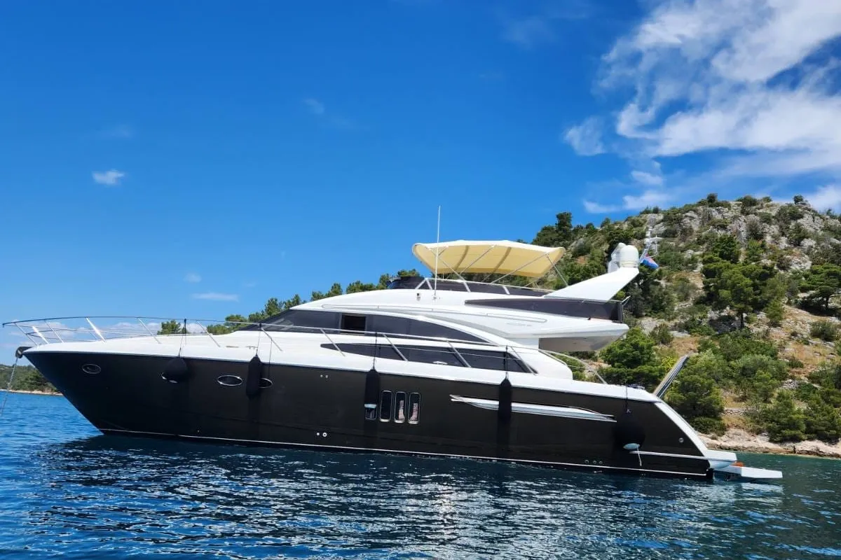 Exterior view of Sassy, a Princess 62 motor yacht at Lavreotiki, Greece