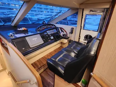 Cockpit of Sassy, a Princess 62 motor yacht at Lavreotiki, Greece