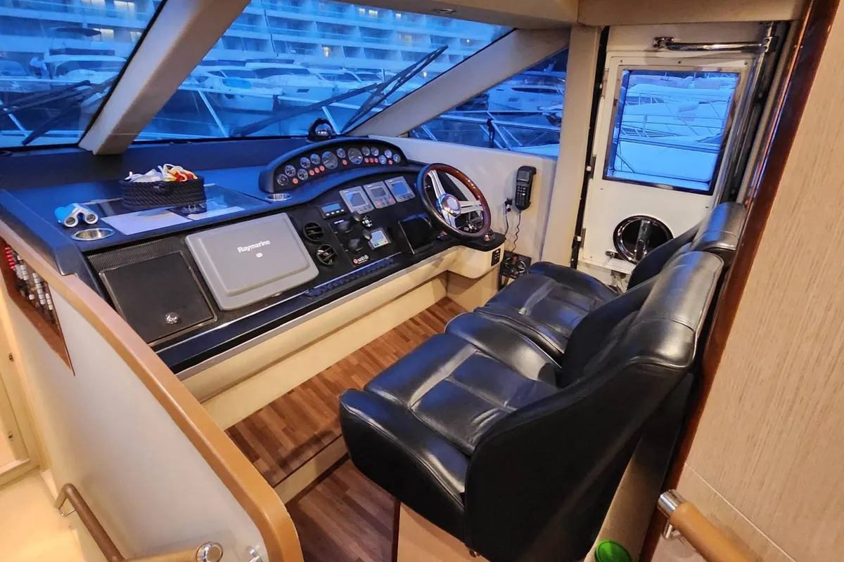 Cockpit of Sassy, a Princess 62 motor yacht at Lavreotiki, Greece