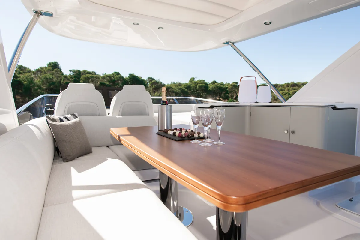 Deck of Alibaba, a Azimut 60 motorboat at Grad Šibenik, Croatia