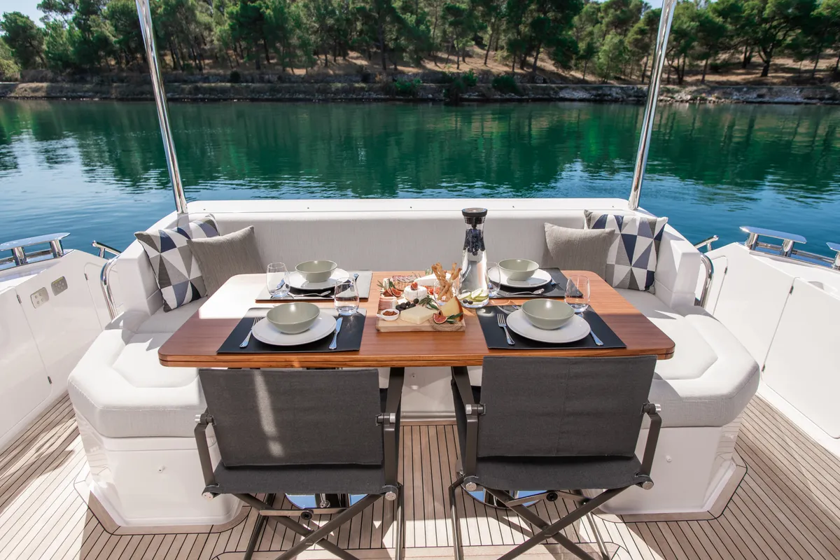 Deck of Alibaba, a Azimut 60 motorboat at Grad Šibenik, Croatia