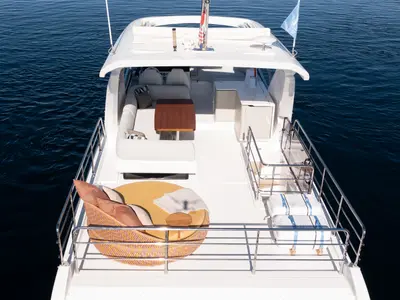 Deck of Alibaba, a Azimut 60 motorboat at Grad Šibenik, Croatia