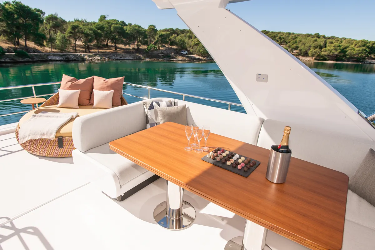 Deck of Alibaba, a Azimut 60 motorboat at Grad Šibenik, Croatia