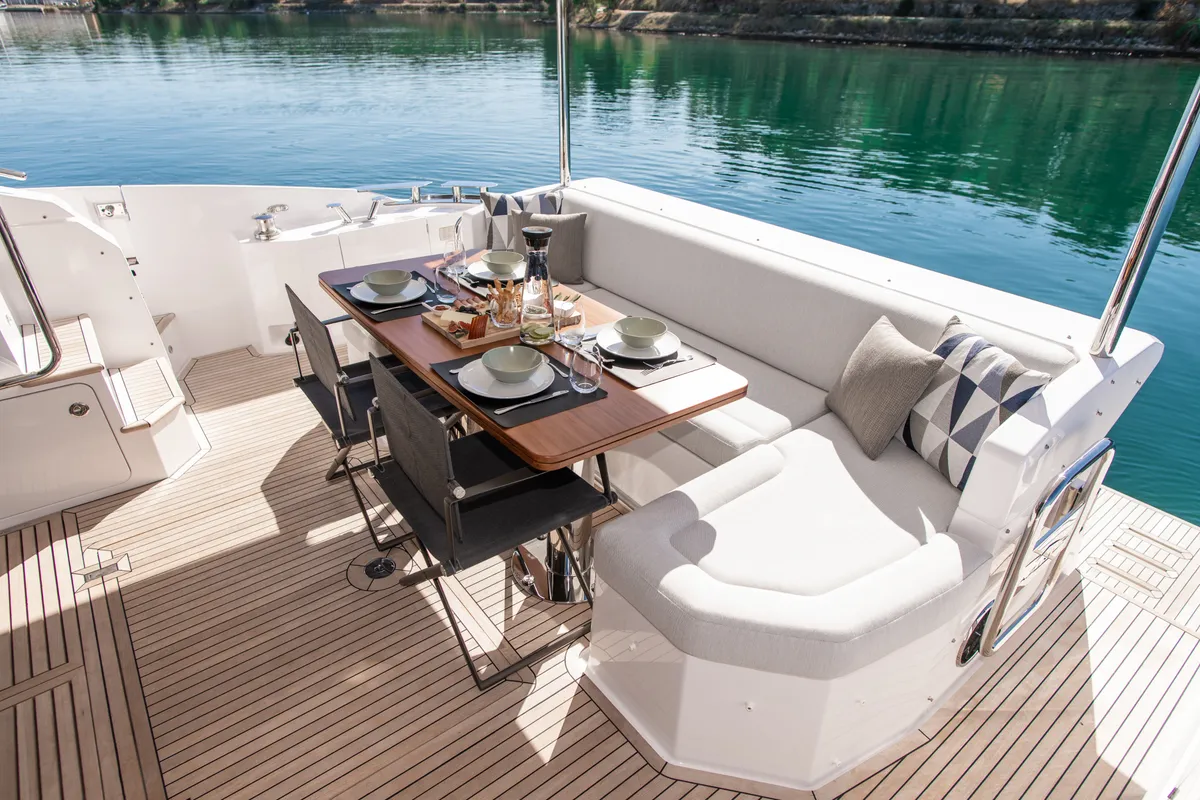 Deck of Alibaba, a Azimut 60 motorboat at Grad Šibenik, Croatia