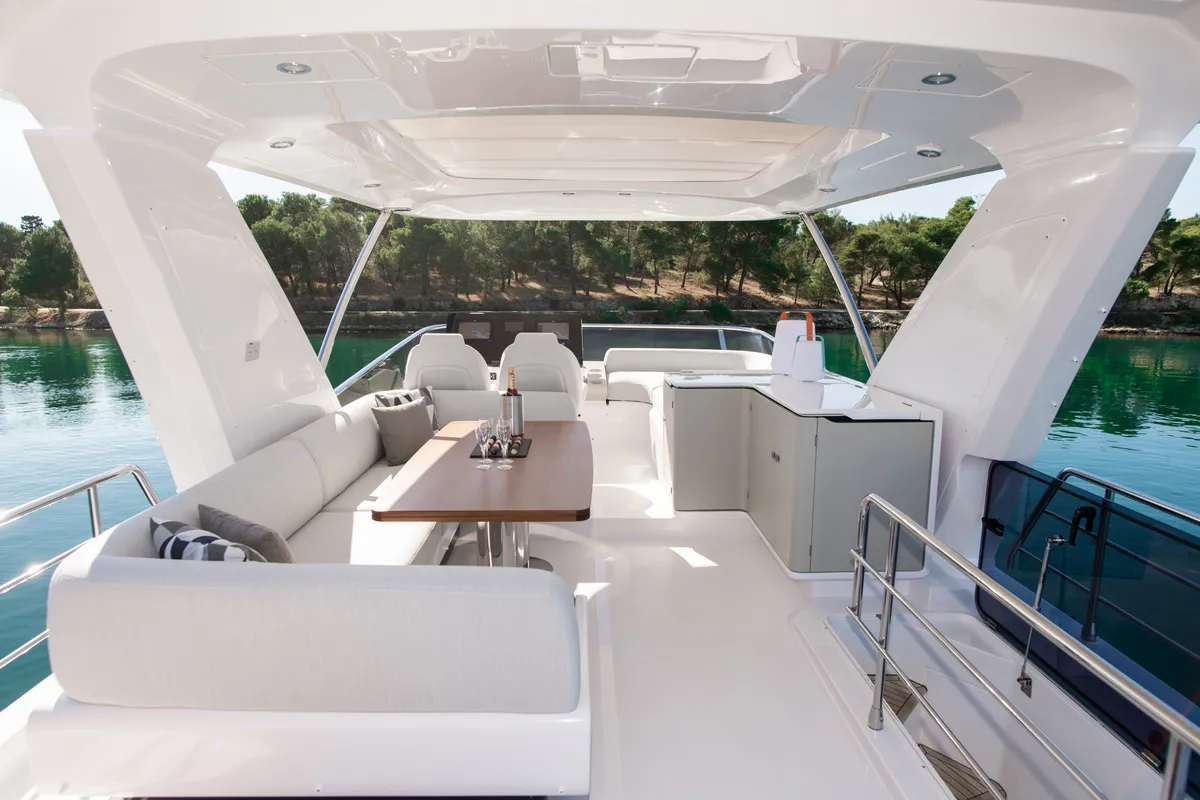 Deck of Alibaba, a Azimut 60 motorboat at Grad Šibenik, Croatia