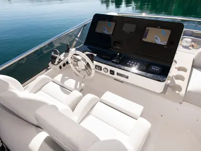Cockpit of Alibaba, a Azimut 60 motorboat at Grad Šibenik, Croatia