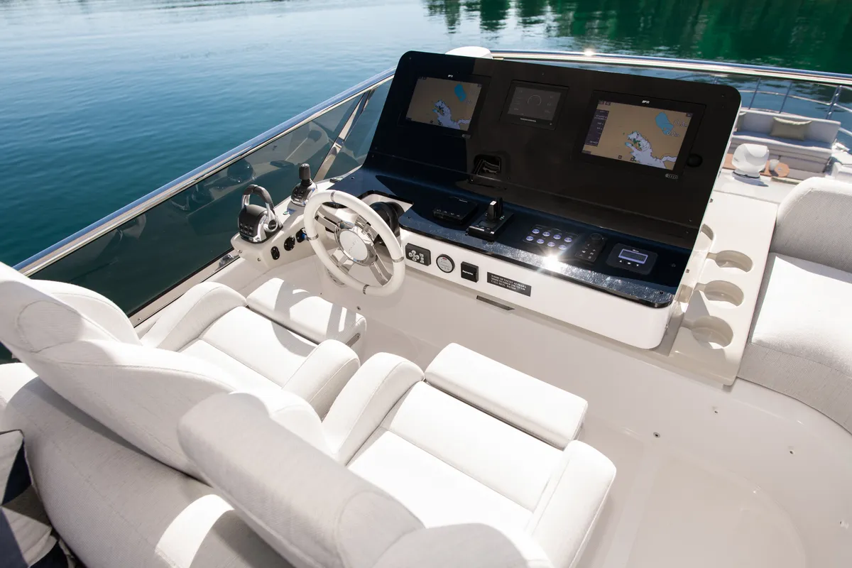 Cockpit of Alibaba, a Azimut 60 motorboat at Grad Šibenik, Croatia