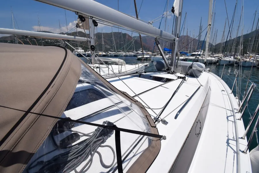 Deck of Sky Ela, a Jeanneau Sun Odyssey 410 sailboat at Marmaris, Turkey