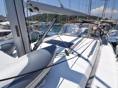 Deck of Sky Ela, a Jeanneau Sun Odyssey 410 sailboat at Marmaris, Turkey