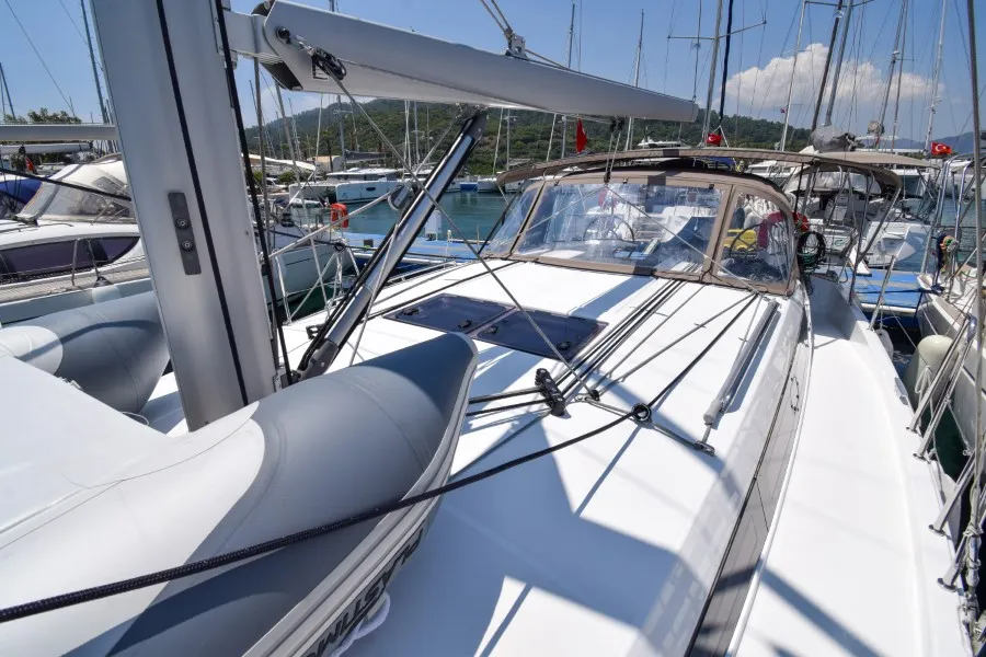 Deck of Sky Ela, a Jeanneau Sun Odyssey 410 sailboat at Marmaris, Turkey