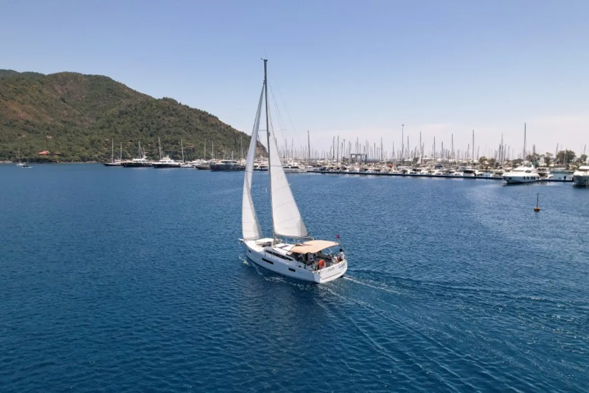 Exterior view of Sky Ela, a Jeanneau Sun Odyssey 410 sailboat at Marmaris, Turkey