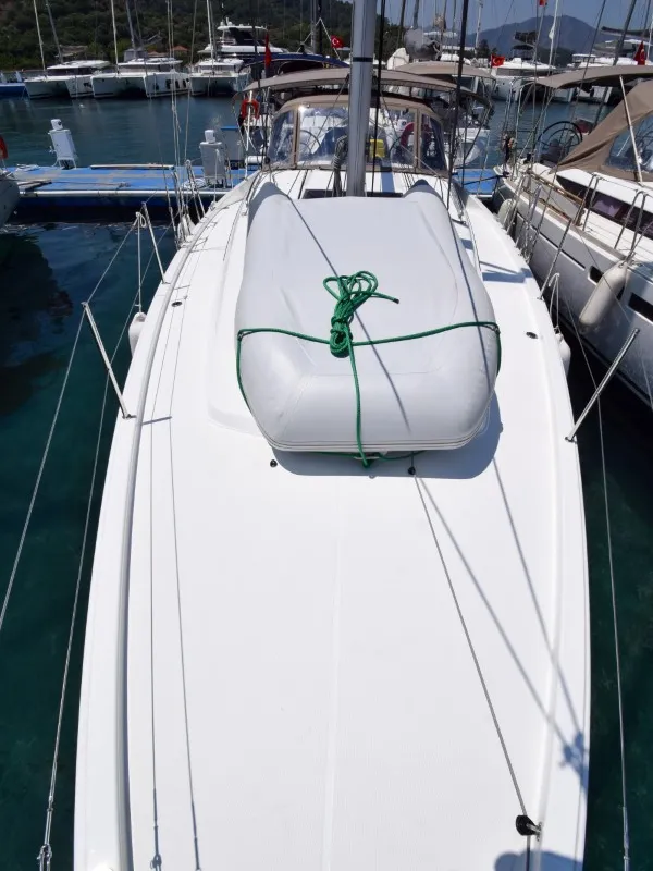 Deck of Sky Ela, a Jeanneau Sun Odyssey 410 sailboat at Marmaris, Turkey