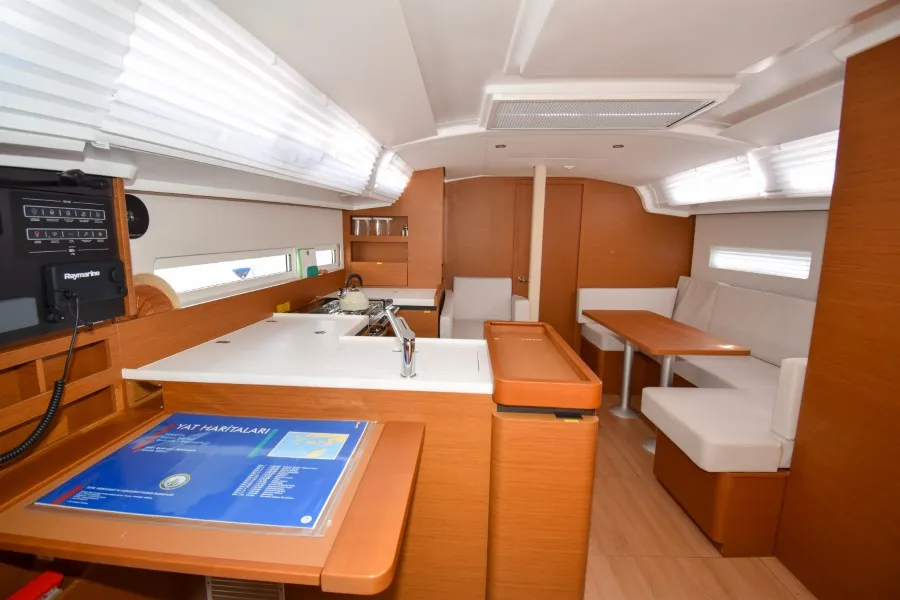 Galley of Sky Ela, a Jeanneau Sun Odyssey 410 sailboat at Marmaris, Turkey