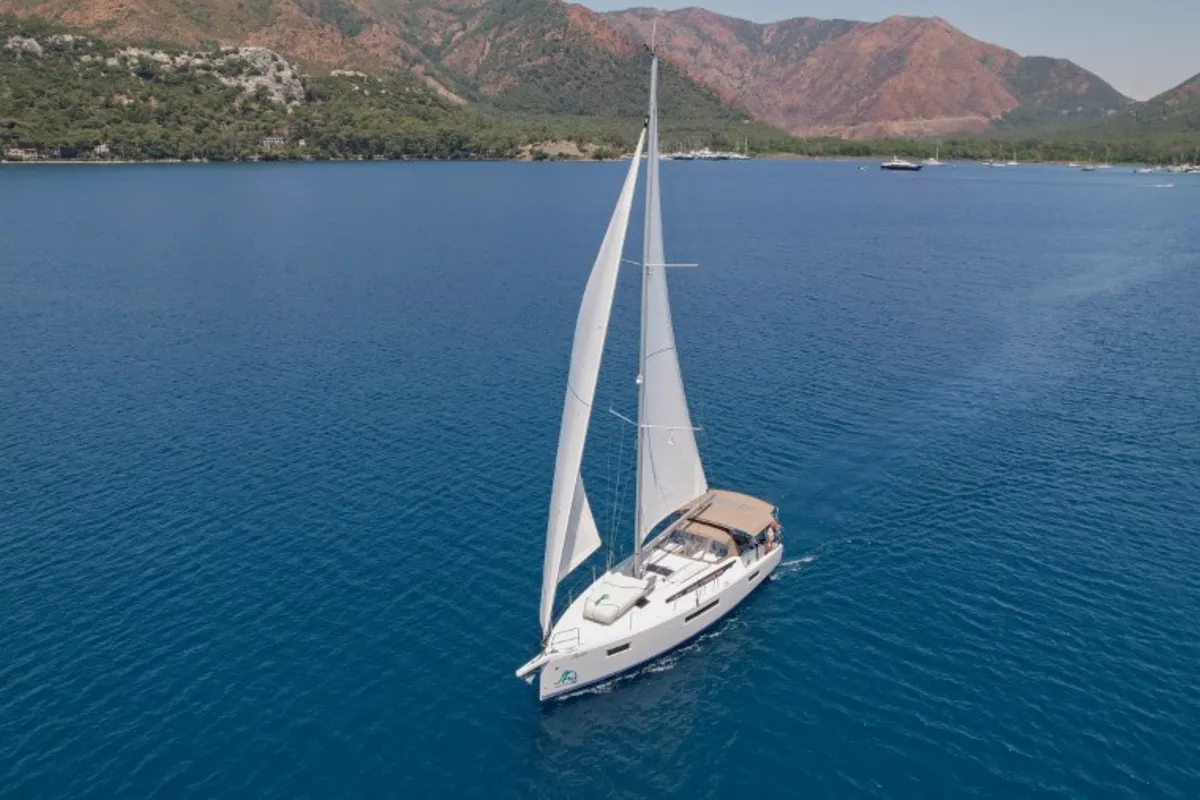 Exterior view of Sky Ela, a Jeanneau Sun Odyssey 410 sailboat at Marmaris, Turkey