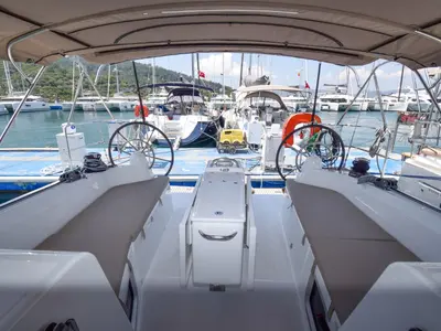Cockpit of Sky Ela, a Jeanneau Sun Odyssey 410 sailboat at Marmaris, Turkey