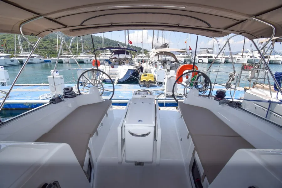 Cockpit of Sky Ela, a Jeanneau Sun Odyssey 410 sailboat at Marmaris, Turkey