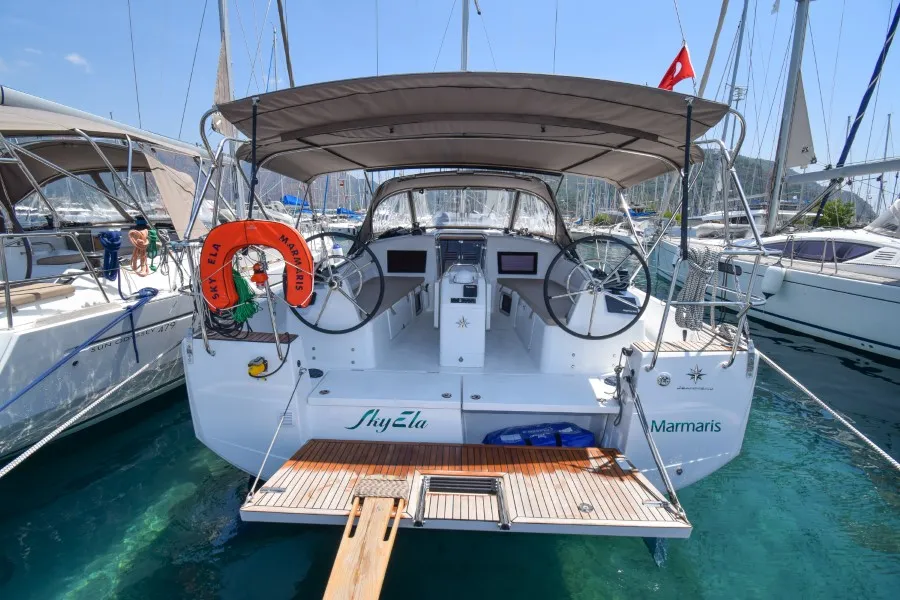 Deck of Sky Ela, a Jeanneau Sun Odyssey 410 sailboat at Marmaris, Turkey