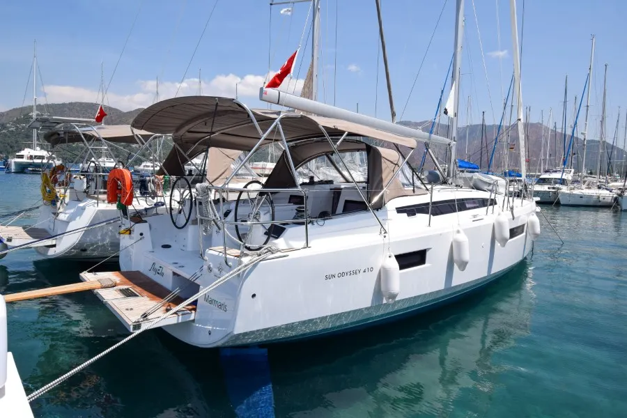 Exterior view of Sky Ela, a Jeanneau Sun Odyssey 410 sailboat at Marmaris, Turkey