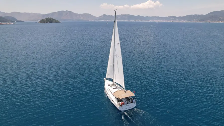 Exterior view of Sky Ela, a Jeanneau Sun Odyssey 410 sailboat at Marmaris, Turkey