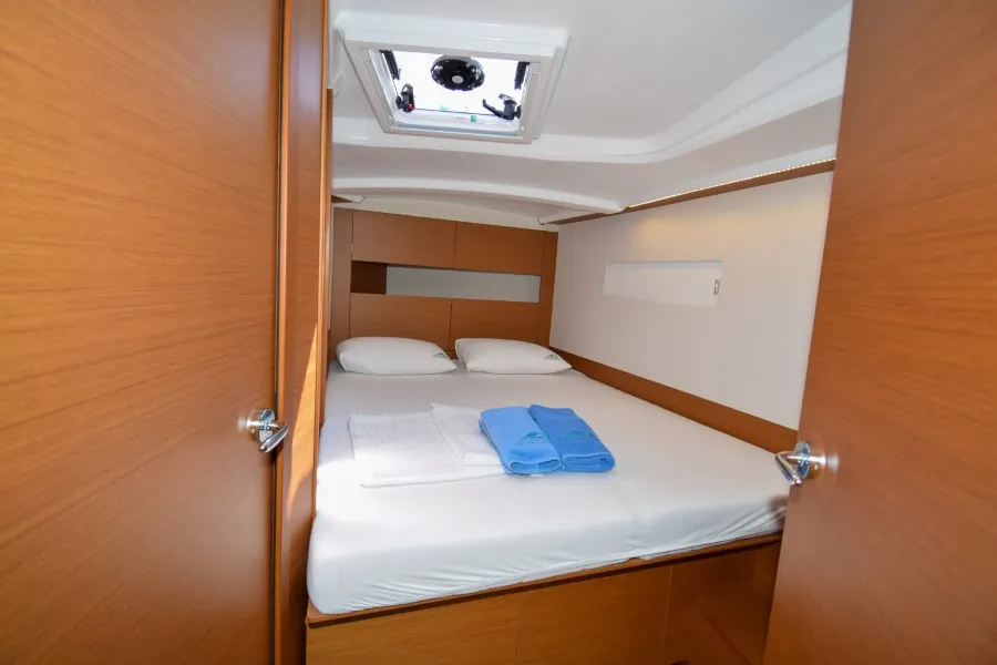 Cabin on Sky Ela, a Jeanneau Sun Odyssey 410 sailboat at Marmaris, Turkey