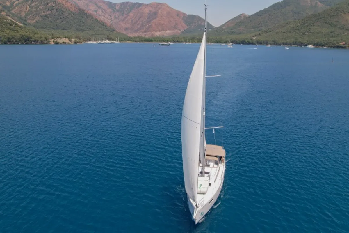 Exterior view of Sky Ela, a Jeanneau Sun Odyssey 410 sailboat at Marmaris, Turkey