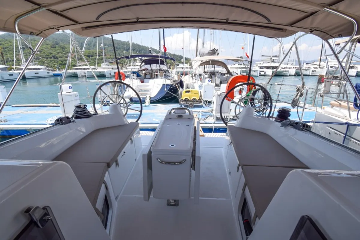 Cockpit of Sky Ela, a Jeanneau Sun Odyssey 410 sailboat at Marmaris, Turkey