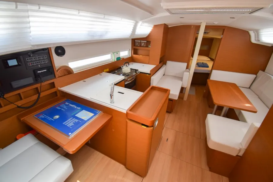 Salon of Sky Ela, a Jeanneau Sun Odyssey 410 sailboat at Marmaris, Turkey
