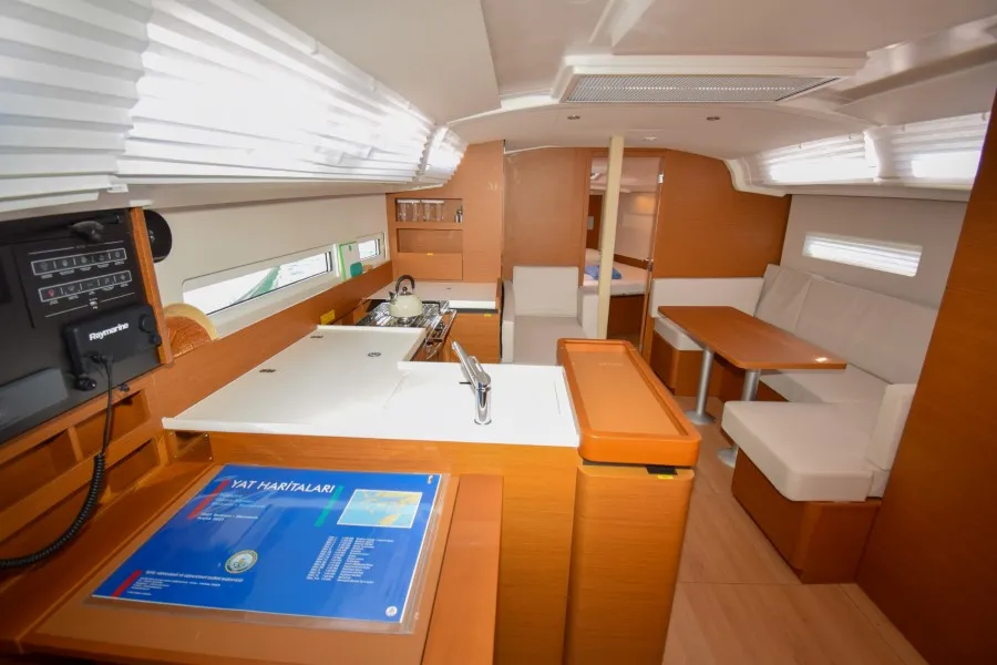 Salon of Sky Ela, a Jeanneau Sun Odyssey 410 sailboat at Marmaris, Turkey