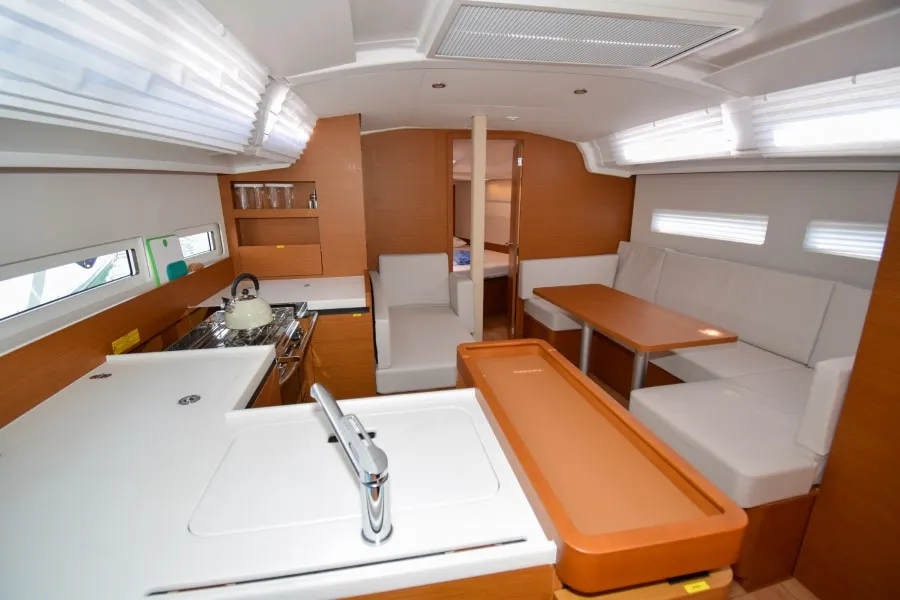 Salon of Sky Ela, a Jeanneau Sun Odyssey 410 sailboat at Marmaris, Turkey
