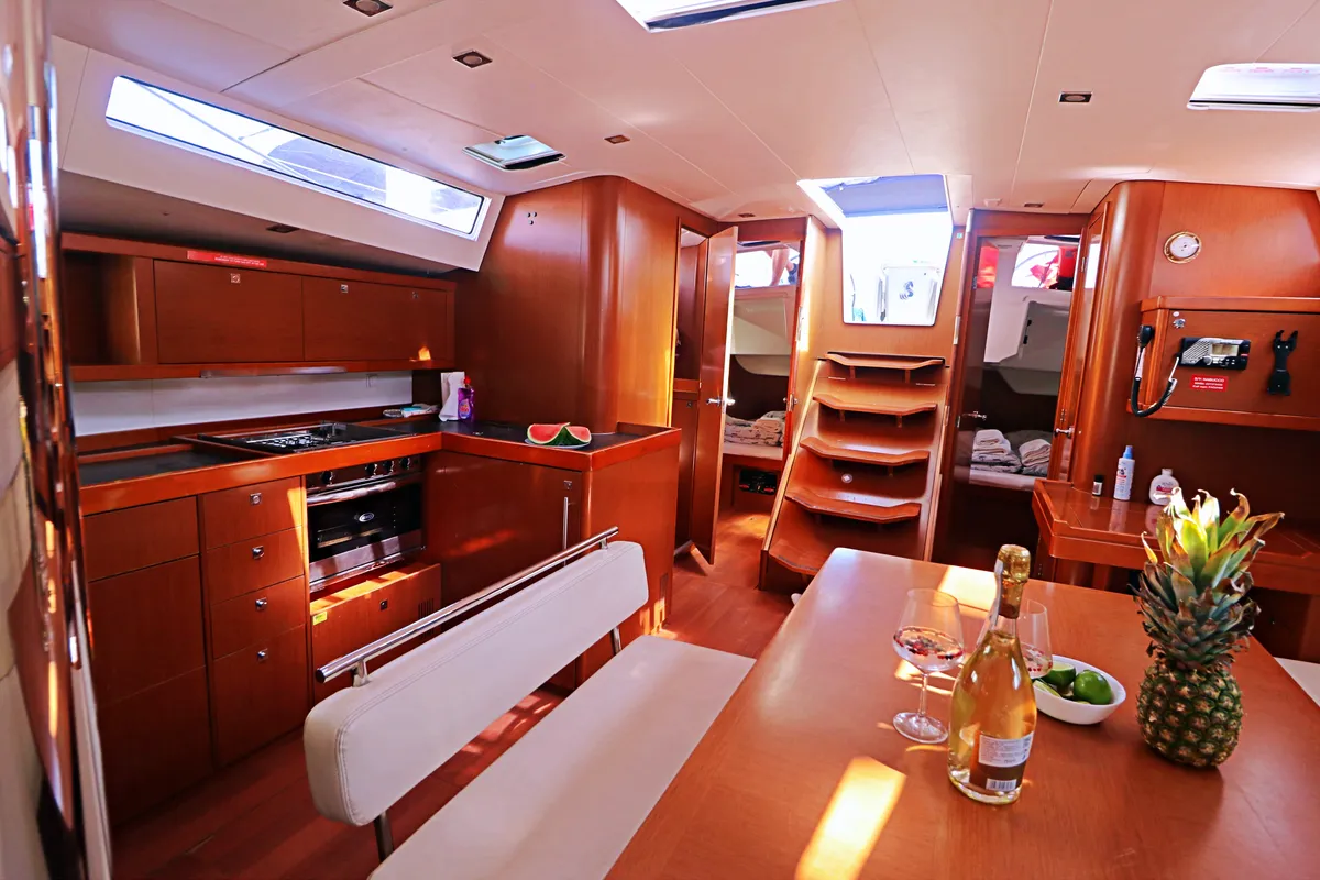 Salon of Nabucco: Forward Cabin #1 (Cabin Charter - 2 pax) Fully Crewed, ALL EXPENSES, a Beneteau Oceanis 48 sailboat at Gra…