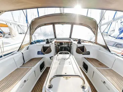 Cockpit of Perro Blanco, a Jeanneau Sun Odyssey 519 sailboat at Neo Klima, Greece
