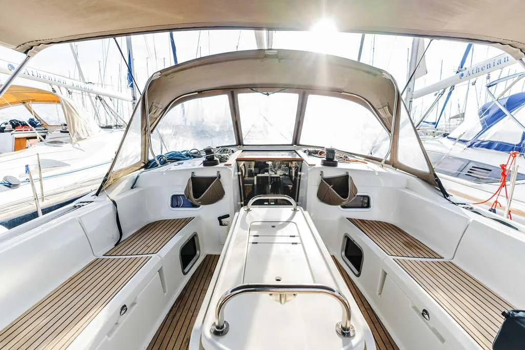 Cockpit of Perro Blanco, a Jeanneau Sun Odyssey 519 sailboat at Neo Klima, Greece