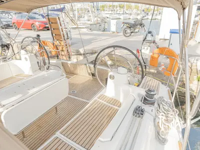 Cockpit of Perro Blanco, a Jeanneau Sun Odyssey 519 sailboat at Neo Klima, Greece
