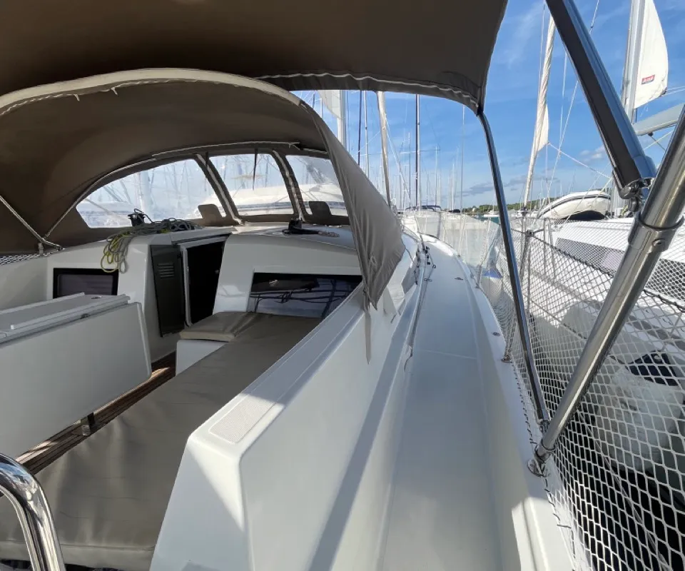 Deck of ATHINA, a Jeanneau Sun Odyssey 490 sailboat at Sukošan, Croatia