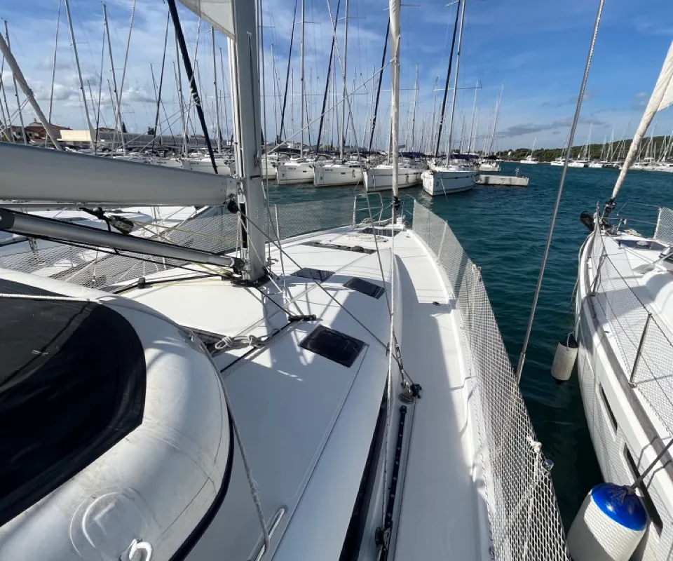 Deck of ATHINA, a Jeanneau Sun Odyssey 490 sailboat at Sukošan, Croatia