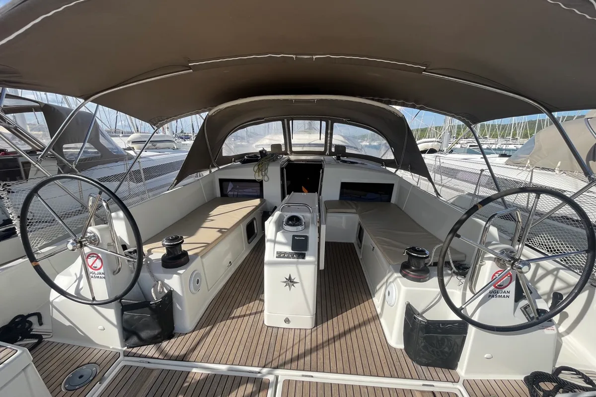 Cockpit of ATHINA, a Jeanneau Sun Odyssey 490 sailboat at Sukošan, Croatia