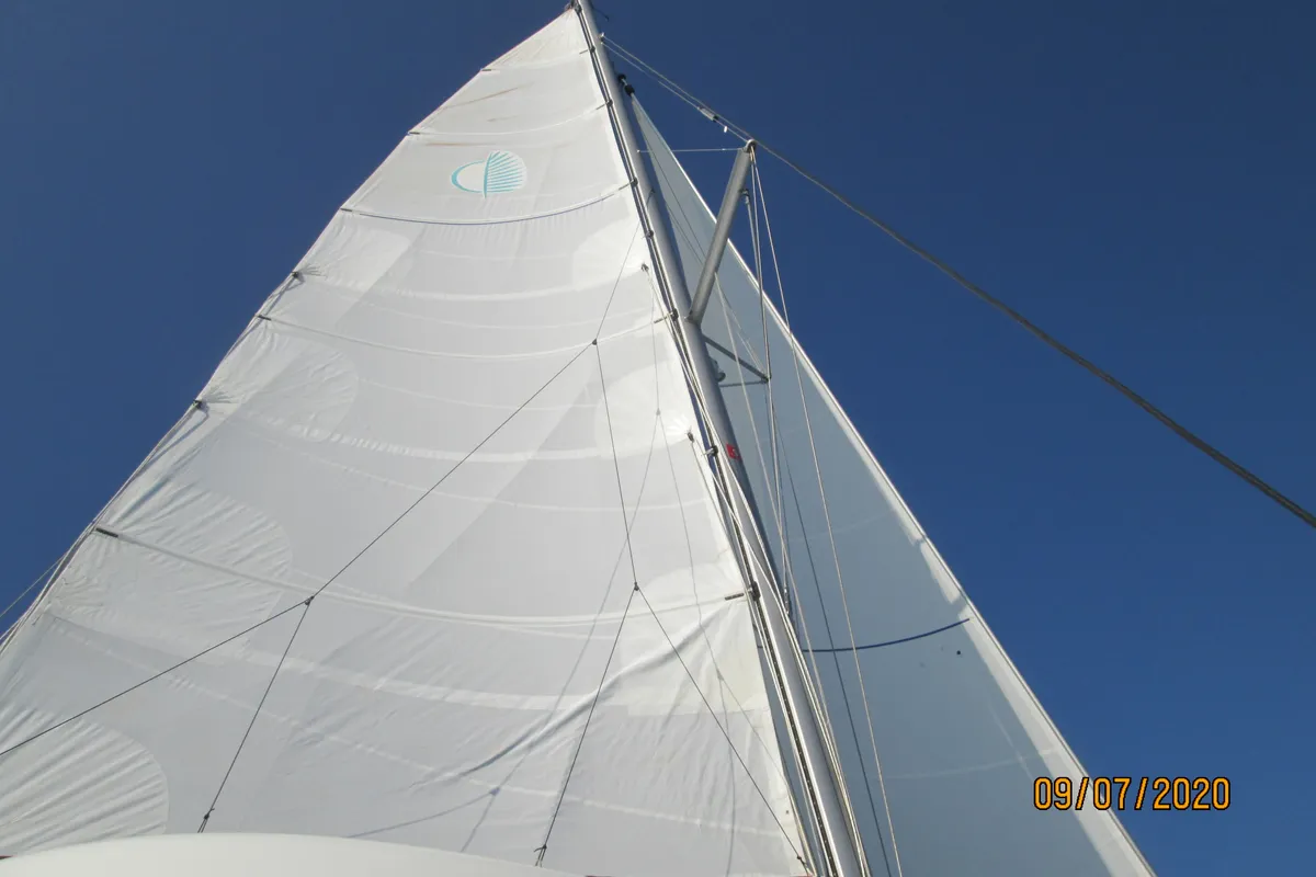 Exterior view of Aria, a Lagoon 42 catamaran at Athens, Greece