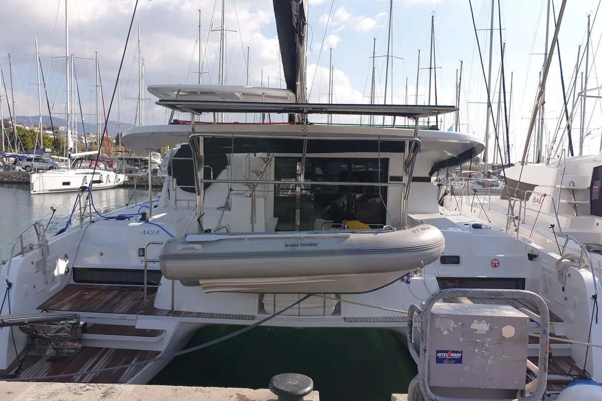 Exterior view of Aria, a Lagoon 42 catamaran at Athens, Greece