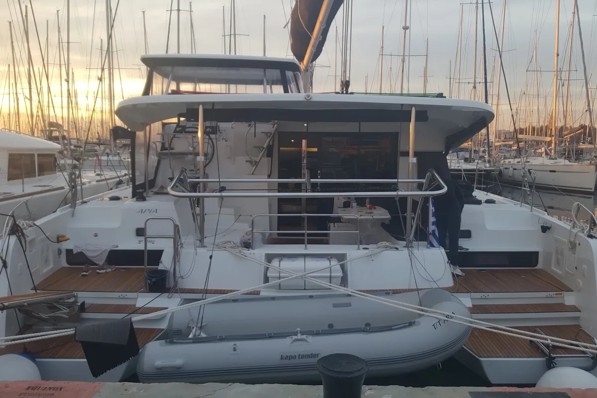 Exterior view of Aria, a Lagoon 42 catamaran at Athens, Greece