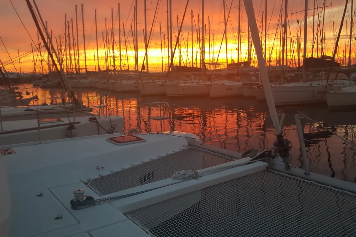 Deck of Aria, a Lagoon 42 catamaran at Athens, Greece