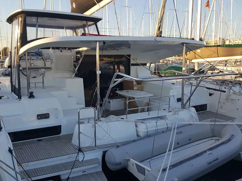 Exterior view of Aria, a Lagoon 42 catamaran at Athens, Greece