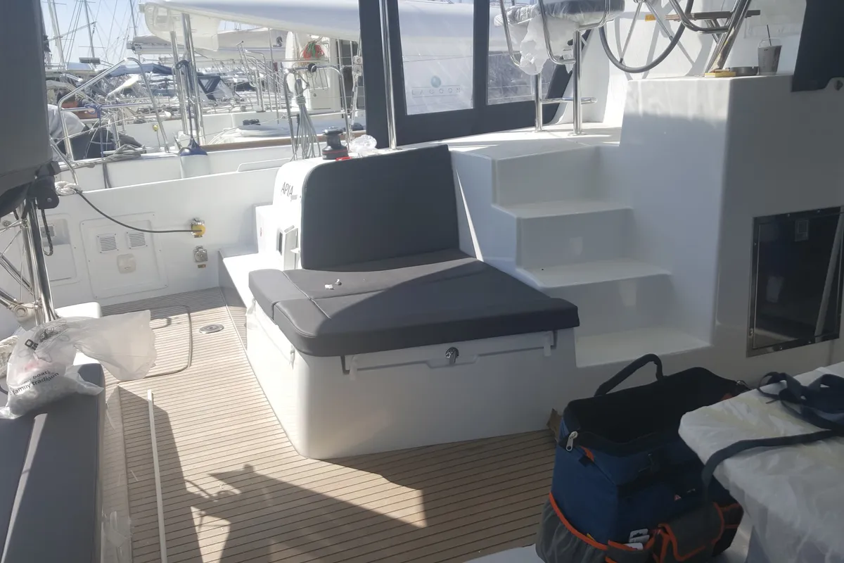 Deck of Aria, a Lagoon 42 catamaran at Athens, Greece