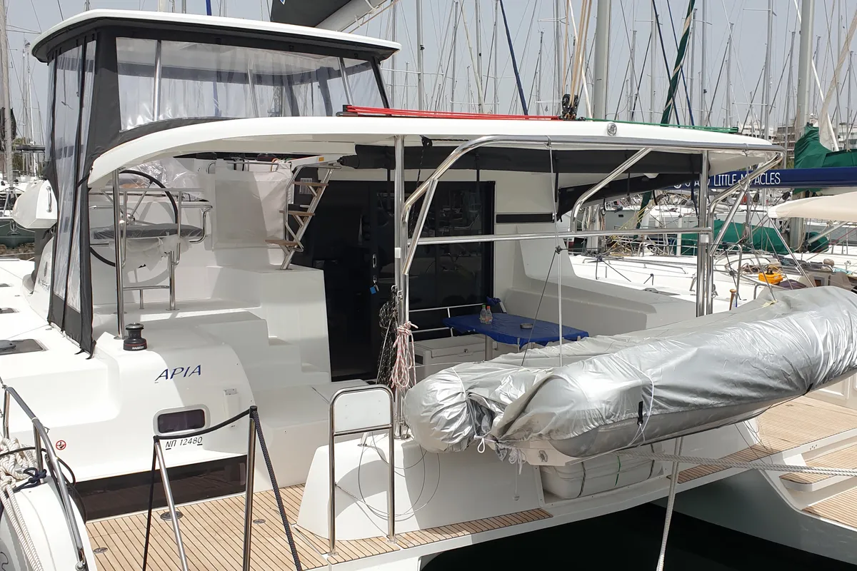 Exterior view of Aria, a Lagoon 42 catamaran at Athens, Greece