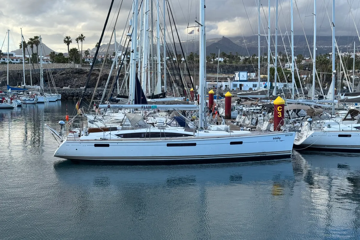 Exterior view of Trinity, a Jeanneau 53 sailboat at Palma de Mallorca, Spain