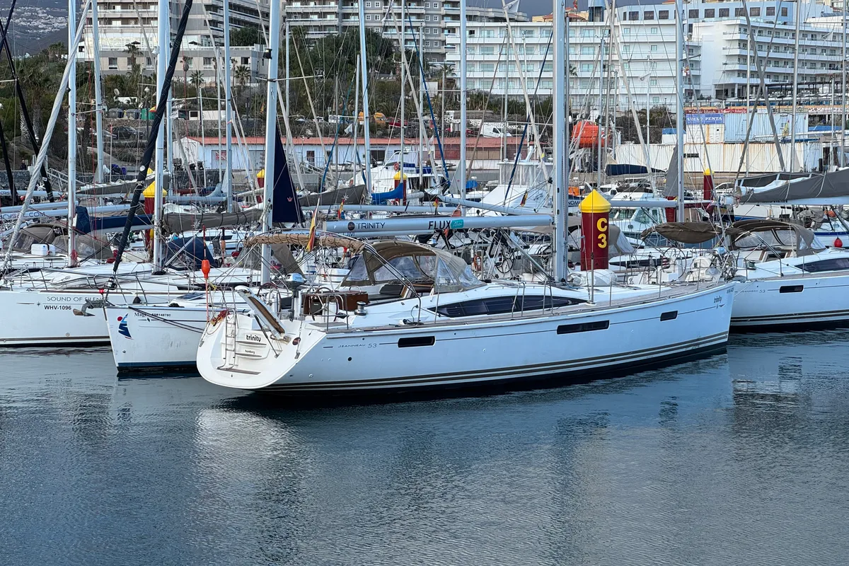 Exterior view of Trinity, a Jeanneau 53 sailboat at Palma de Mallorca, Spain