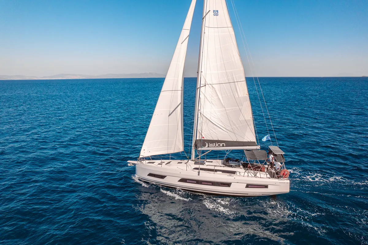Exterior view of Memories, a Dufour 41 sailboat at Kos, Greece