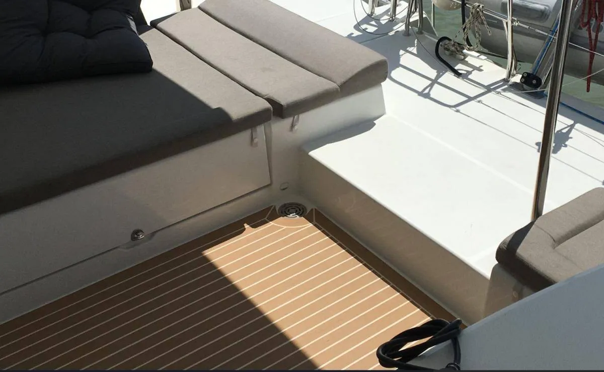 Deck of NEMO45, a Lagoon 450 Fly catamaran at Naples, Italy