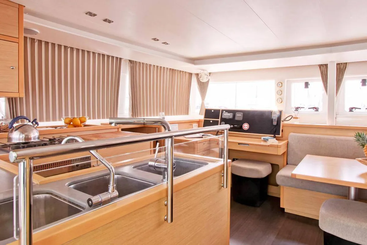 Salon of NEMO45, a Lagoon 450 Fly catamaran at Naples, Italy